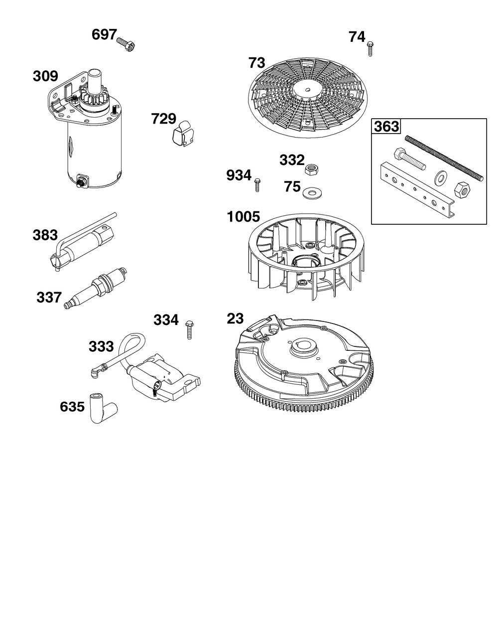 Flywheel, Ignition, And Starter Group Diagram and Parts List for 44U777-0013-B5 400000 - 699999 Briggs and Stratton Engine